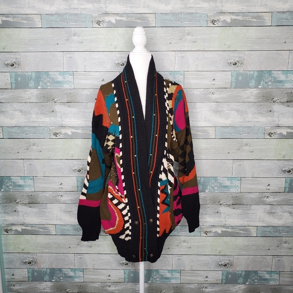 Vintage Sweaters - Vintage MultiColor Knit Mixed Pattern Button Cardi